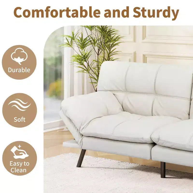 Divano Letto Futon Convertibile in Ecopelle da 71" con Schienale e Braccioli Regolabili, Divanetto Trasformabile per Spazi Compatti