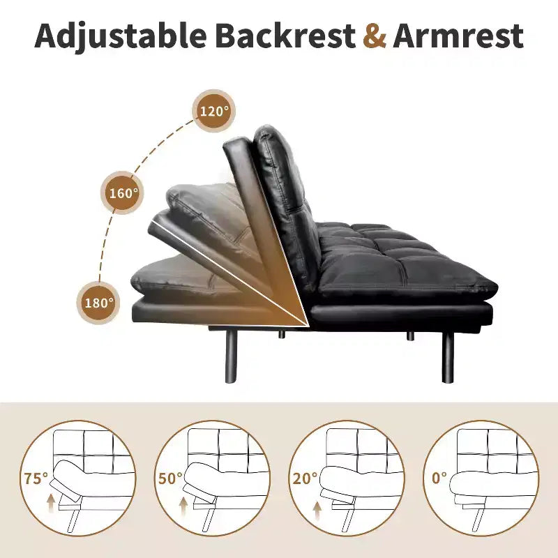 Divano Letto Futon Convertibile in Ecopelle da 71" con Schienale e Braccioli Regolabili, Divanetto Trasformabile per Spazi Compatti