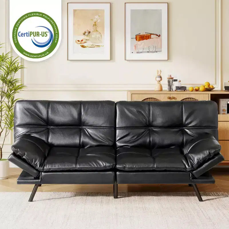 Divano Letto Futon Convertibile in Ecopelle da 71" con Schienale e Braccioli Regolabili, Divanetto Trasformabile per Spazi Compatti