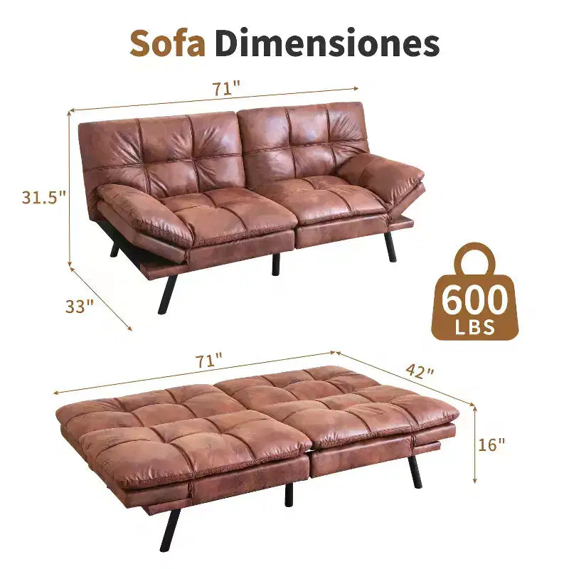 Divano Letto Futon Convertibile in Ecopelle da 71" con Schienale e Braccioli Regolabili, Divanetto Trasformabile per Spazi Compatti