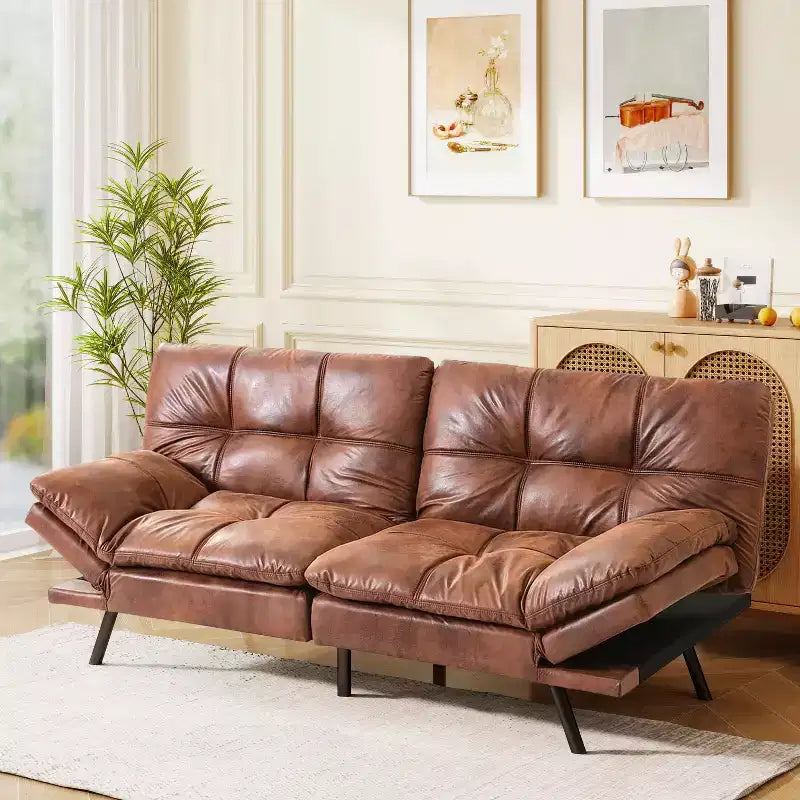 Divano Letto Futon Convertibile in Ecopelle da 71" con Schienale e Braccioli Regolabili, Divanetto Trasformabile per Spazi Compatti