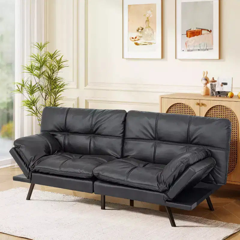 Divano Letto Futon Convertibile in Ecopelle da 71" con Schienale e Braccioli Regolabili, Divanetto Trasformabile per Spazi Compatti