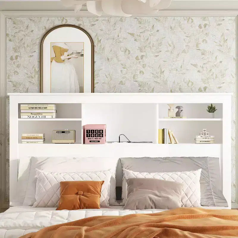Testiera Letto Matrimoniale/Queen con Luci LED Controllabili da App e Ripiani Regolabili, Bianca