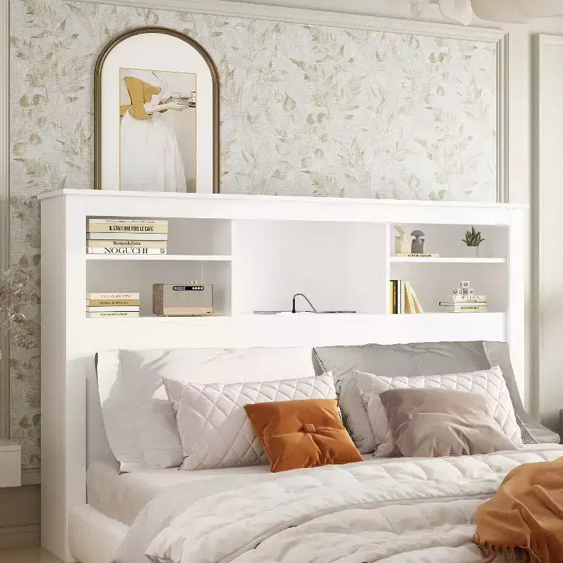 Testiera Letto Matrimoniale/Queen con Luci LED Controllabili da App e Ripiani Regolabili, Bianca