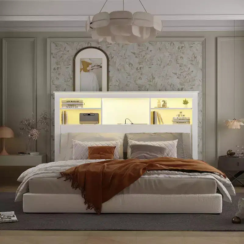 Testiera Letto Matrimoniale/Queen con Luci LED Controllabili da App e Ripiani Regolabili, Bianca
