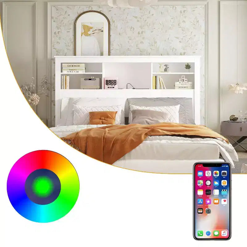 Testiera Letto Matrimoniale/Queen con Luci LED Controllabili da App e Ripiani Regolabili, Bianca