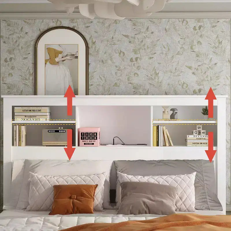 Testiera Letto Matrimoniale/Queen con Luci LED Controllabili da App e Ripiani Regolabili, Bianca