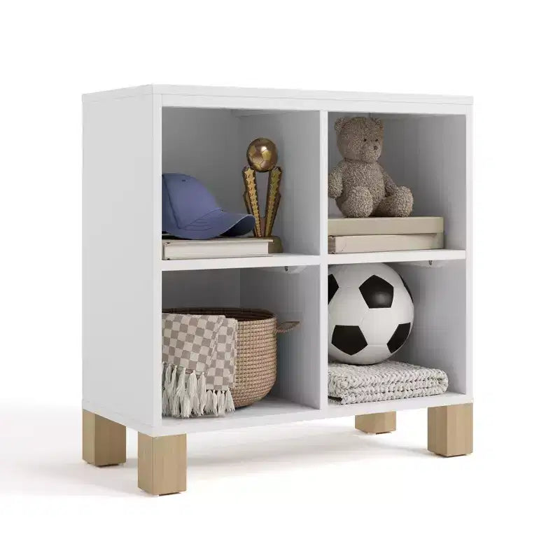Libreria a Cubi a 4 Scomparti in Legno Massello per Asilo Nido e Cameretta, Oliva/Legno Naturale