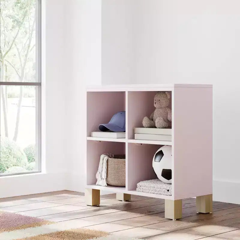 Libreria a Cubi a 4 Scomparti in Legno Massello per Asilo Nido e Cameretta, Oliva/Legno Naturale
