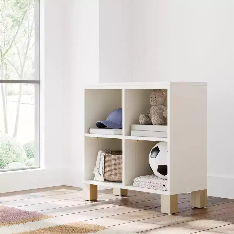 Libreria a Cubi a 4 Scomparti in Legno Massello per Asilo Nido e Cameretta, Oliva/Legno Naturale