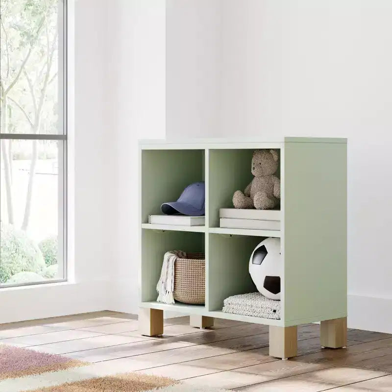 Libreria a Cubi a 4 Scomparti in Legno Massello per Asilo Nido e Cameretta, Oliva/Legno Naturale