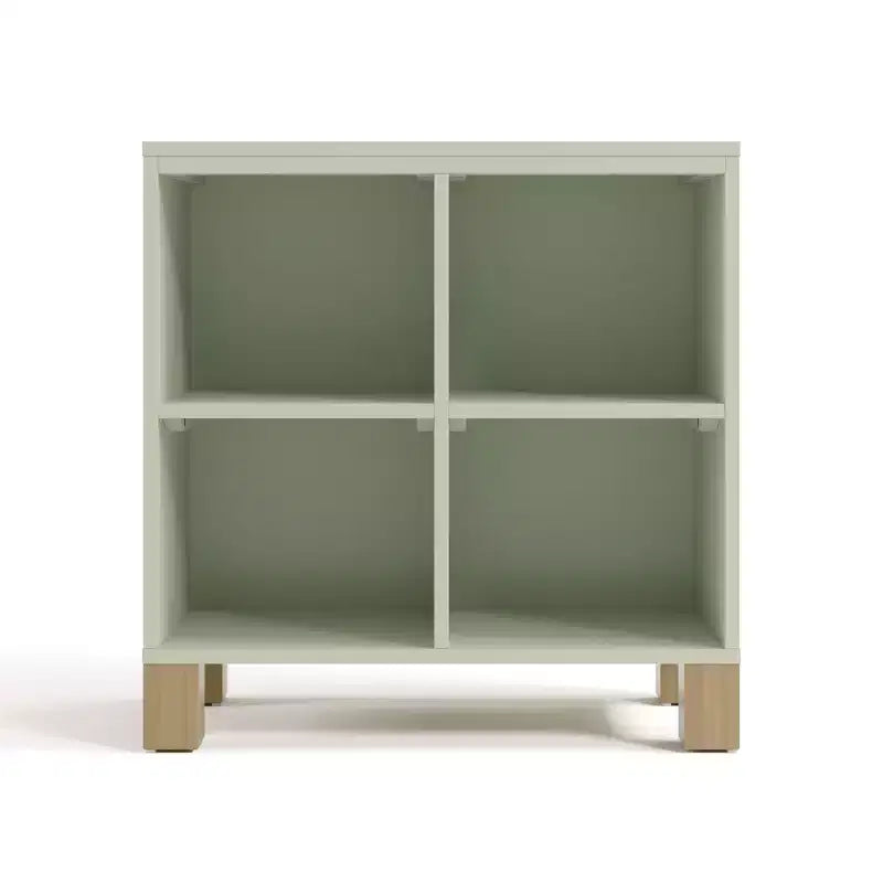 Libreria a Cubi a 4 Scomparti in Legno Massello per Asilo Nido e Cameretta, Oliva/Legno Naturale