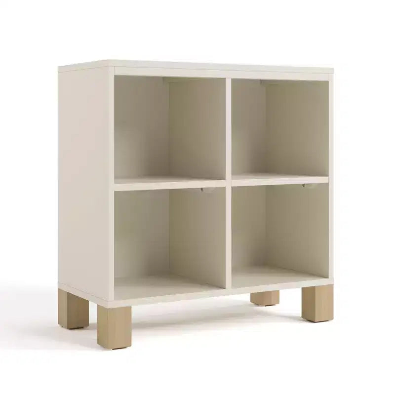 Libreria a Cubi a 4 Scomparti in Legno Massello per Asilo Nido e Cameretta, Oliva/Legno Naturale
