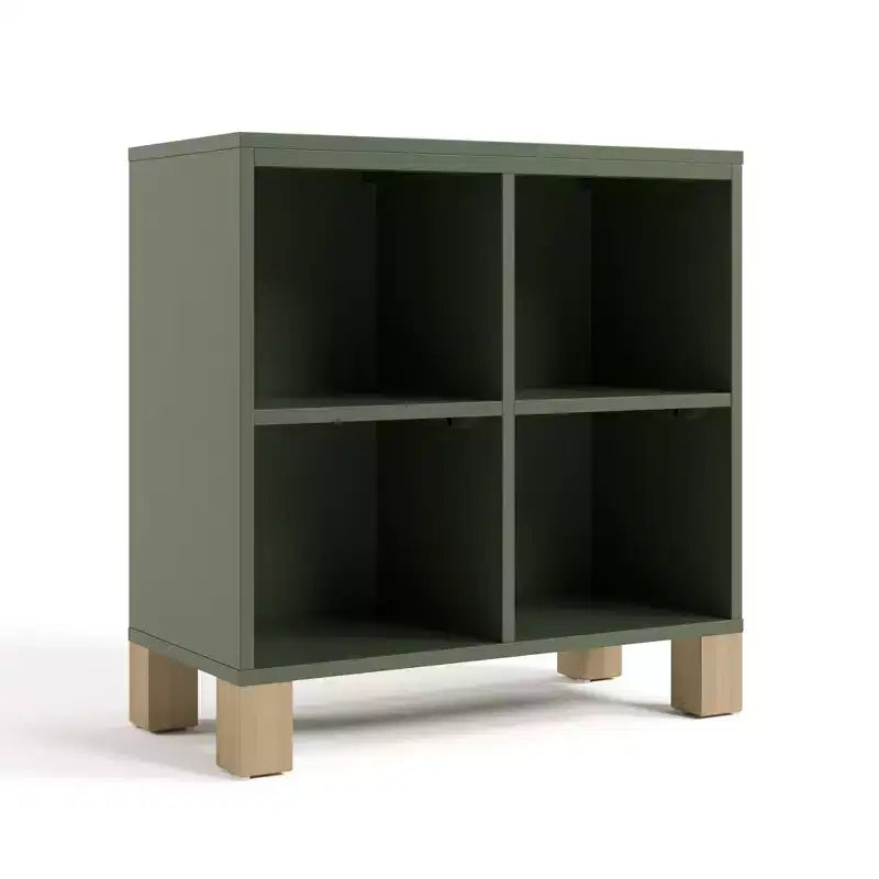 Libreria a Cubi a 4 Scomparti in Legno Massello per Asilo Nido e Cameretta, Oliva/Legno Naturale