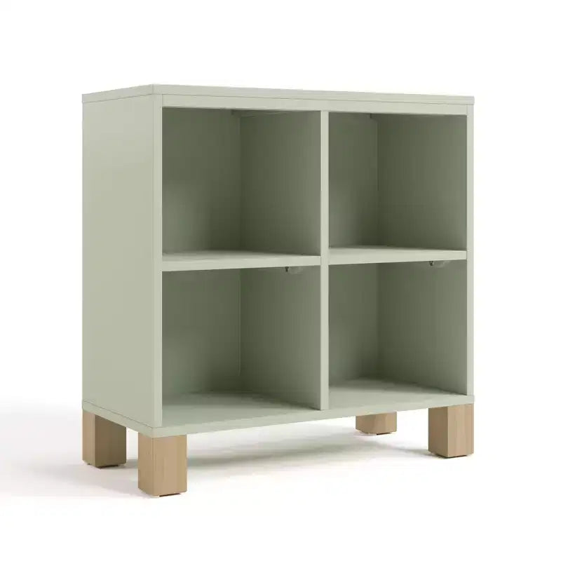 Libreria a Cubi a 4 Scomparti in Legno Massello per Asilo Nido e Cameretta, Oliva/Legno Naturale