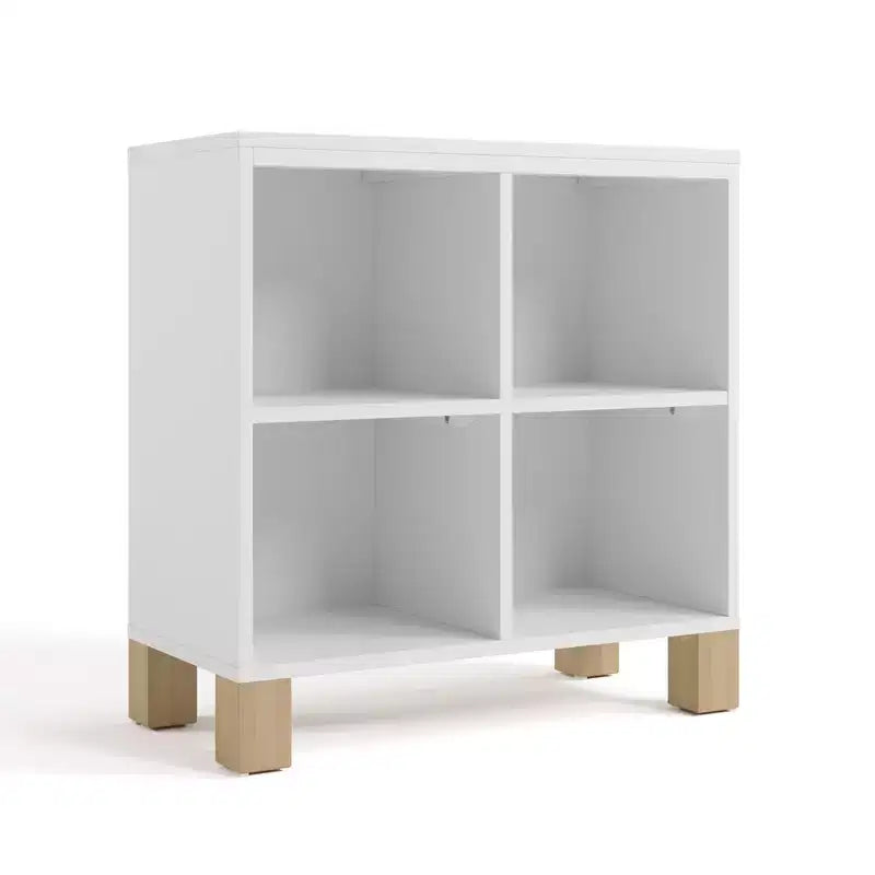 Libreria a Cubi a 4 Scomparti in Legno Massello per Asilo Nido e Cameretta, Oliva/Legno Naturale