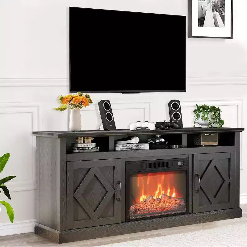 Mobile TV con caminetto rustico, mobile per l'intrattenimento alto 170 cm con caminetto elettrico e armadietti laterali per il soggiorno