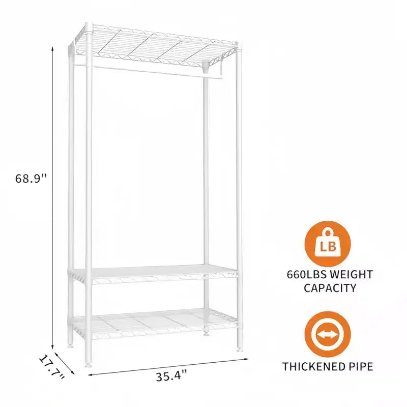 Appendiabiti in metallo resistente con ripiani e asta appendiabiti, organizer per armadio regolabile, 90 cm (L) x 45 cm (P) x 175 cm (A), Bianco
