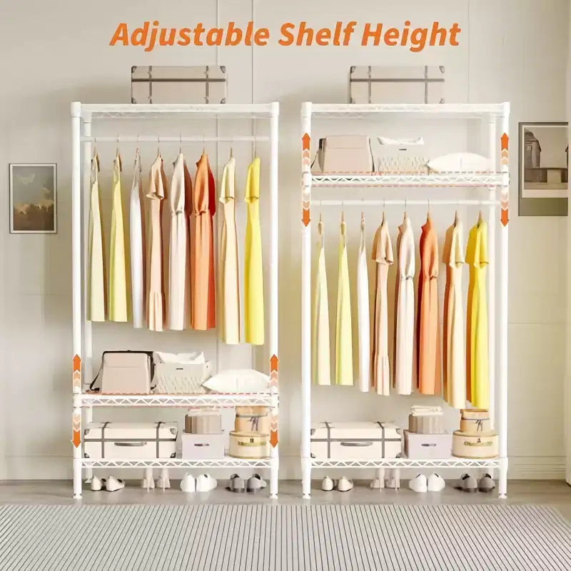 Appendiabiti in metallo resistente con ripiani e asta appendiabiti, organizer per armadio regolabile, 90 cm (L) x 45 cm (P) x 175 cm (A), Bianco