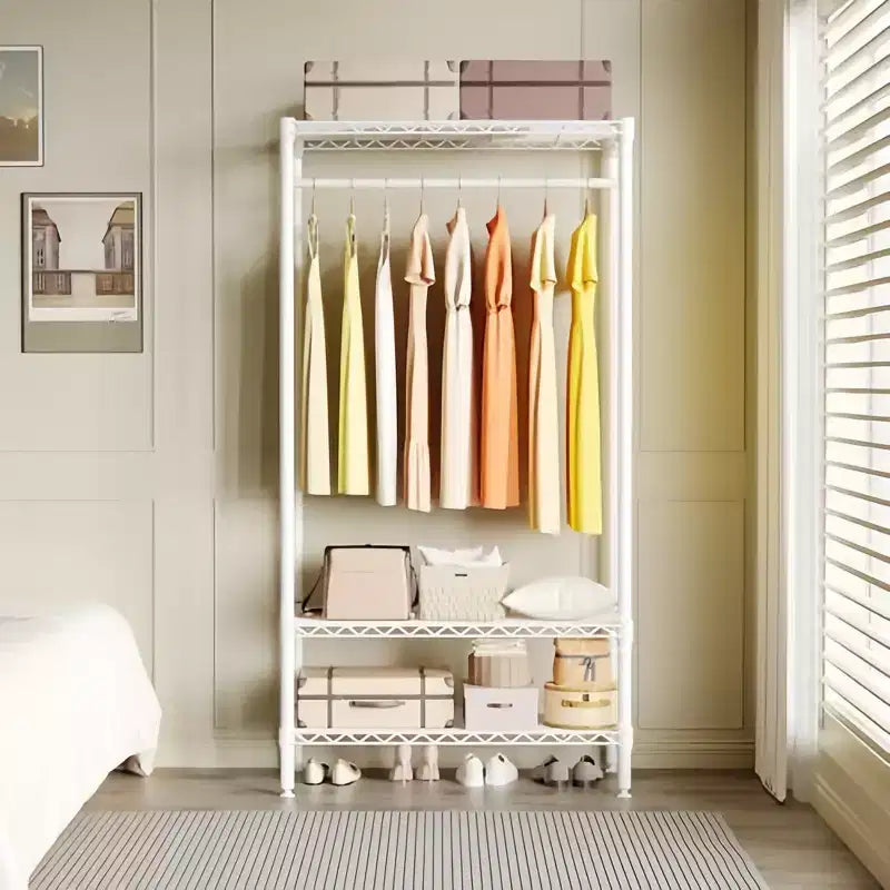 Appendiabiti in metallo resistente con ripiani e asta appendiabiti, organizer per armadio regolabile, 90 cm (L) x 45 cm (P) x 175 cm (A), Bianco