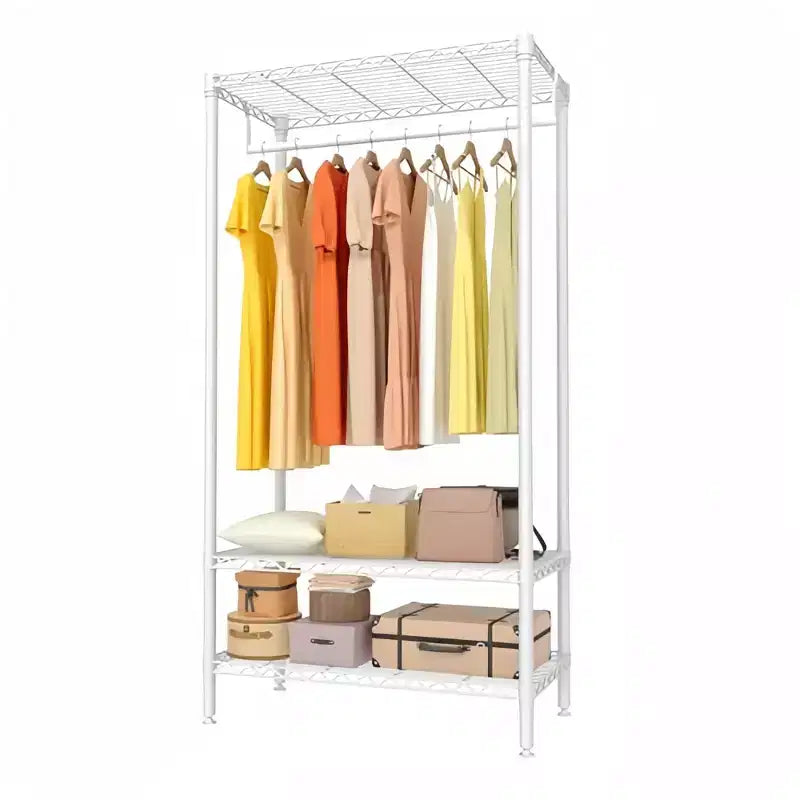 Appendiabiti in metallo resistente con ripiani e asta appendiabiti, organizer per armadio regolabile, 90 cm (L) x 45 cm (P) x 175 cm (A), Bianco
