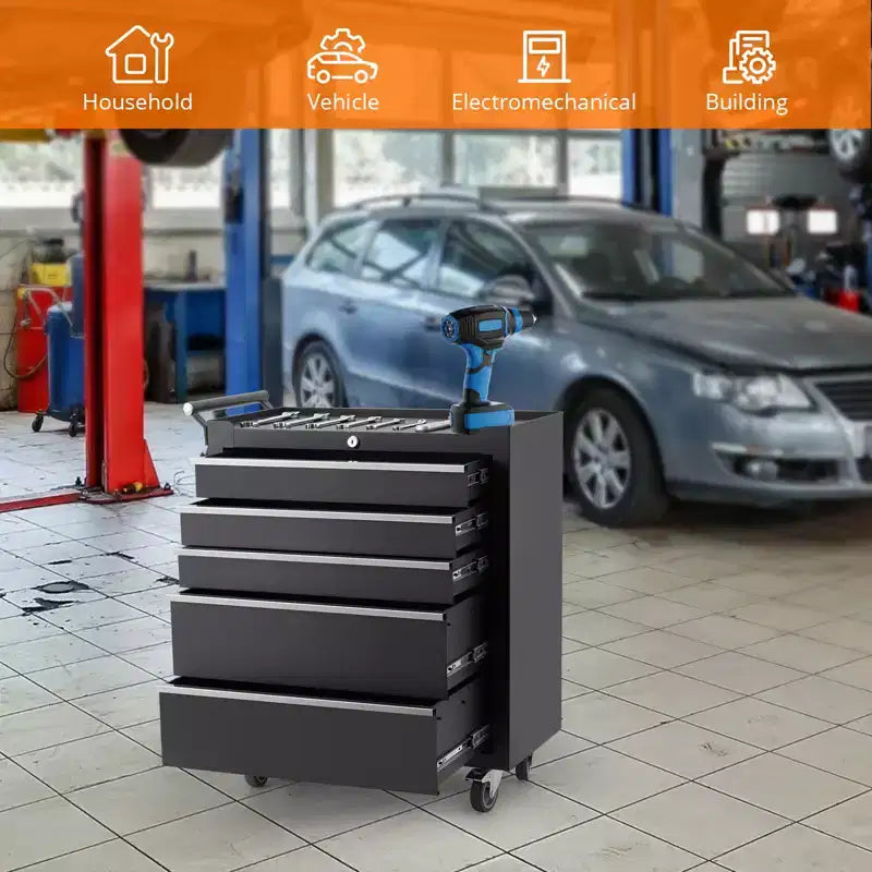 Cassetta portautensili mobile a 5 cassetti con armadietto con serratura, ruote e fodere per cassetti per garage e officina