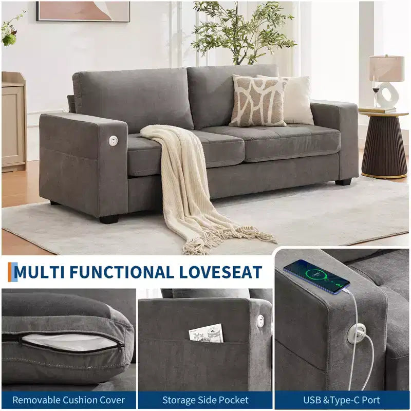 Divano Oversized Cloud da 90", Ciniglia Mid-Century, Divano con Seduta Profonda con Porte USB e Tasche Laterali