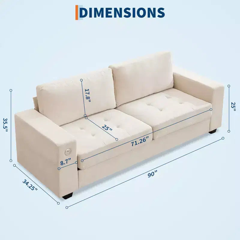 Divano Oversized Cloud da 90", Ciniglia Mid-Century, Divano con Seduta Profonda con Porte USB e Tasche Laterali