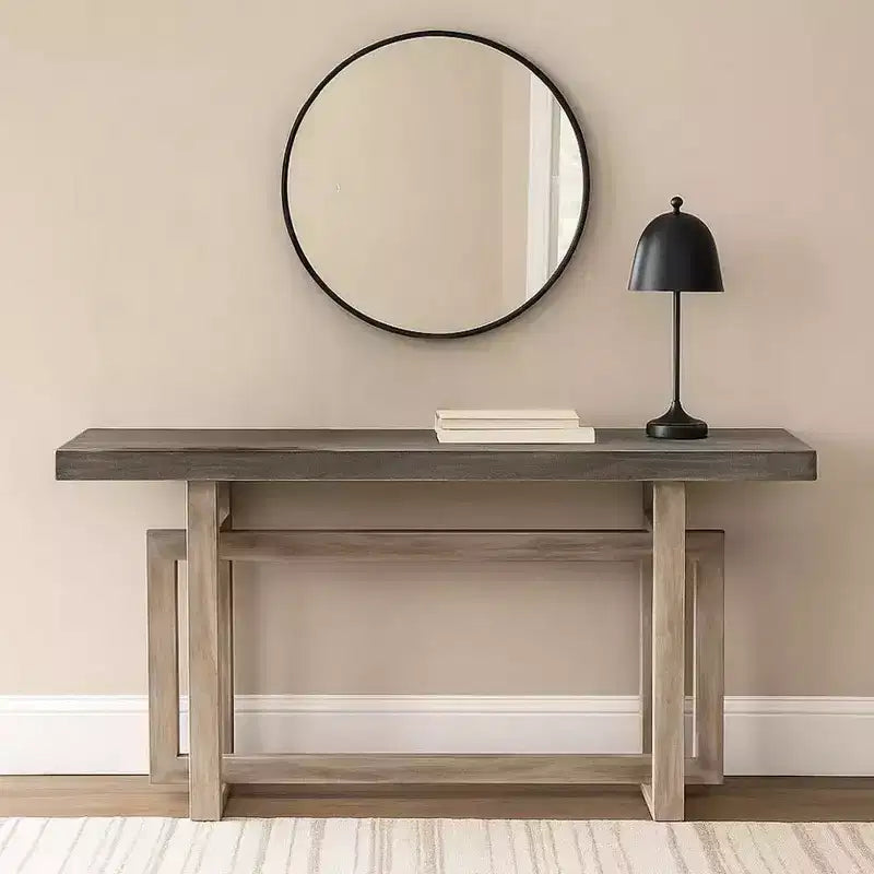 Tavolo Consolle/Credenza in Legno di Mango Artigianale da 150 cm con Base Geometrica Intrecciata, Grigio Decapato