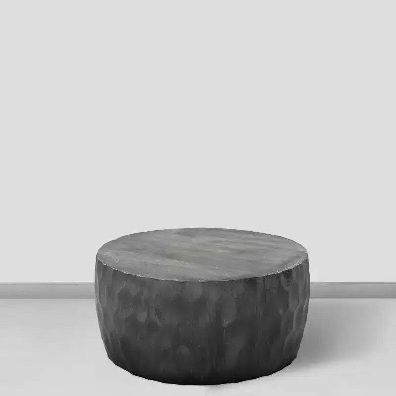 Tavolino da caffè artigianale in legno di mango da 34", forma rotonda a tamburo con nido d'ape martellato, grigio