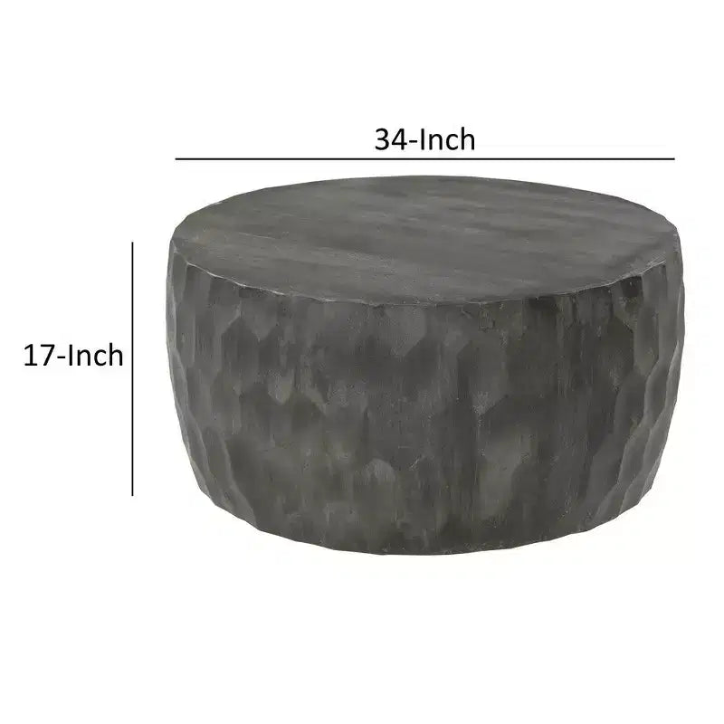 Tavolino da caffè artigianale in legno di mango da 34", forma rotonda a tamburo con nido d'ape martellato, grigio