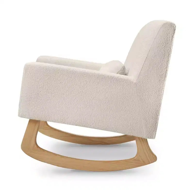 Dondolo Bouclé con Gambe in Legno Massello di Frassino e Cuscino Lombare Rimovibile