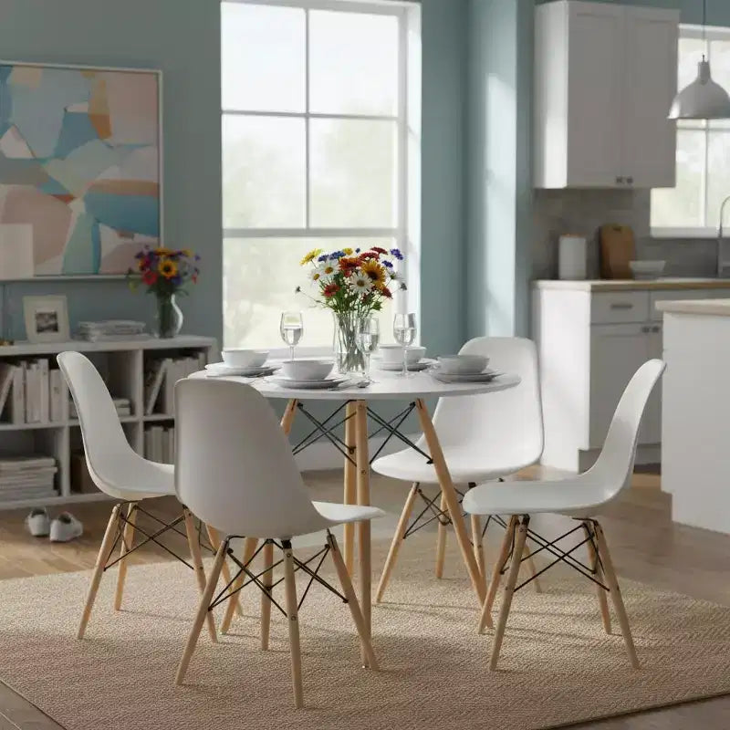 Tavolo da pranzo rotondo da 80 cm per 2-4 persone, piano bianco con gambe in legno, per cucina, caffetteria, sale ricreative