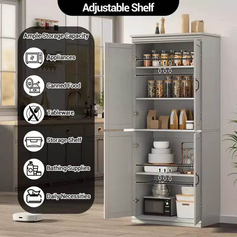Mobiletto dispensa da cucina autoportante, armadio da 178 cm con ante e ripiani regolabili