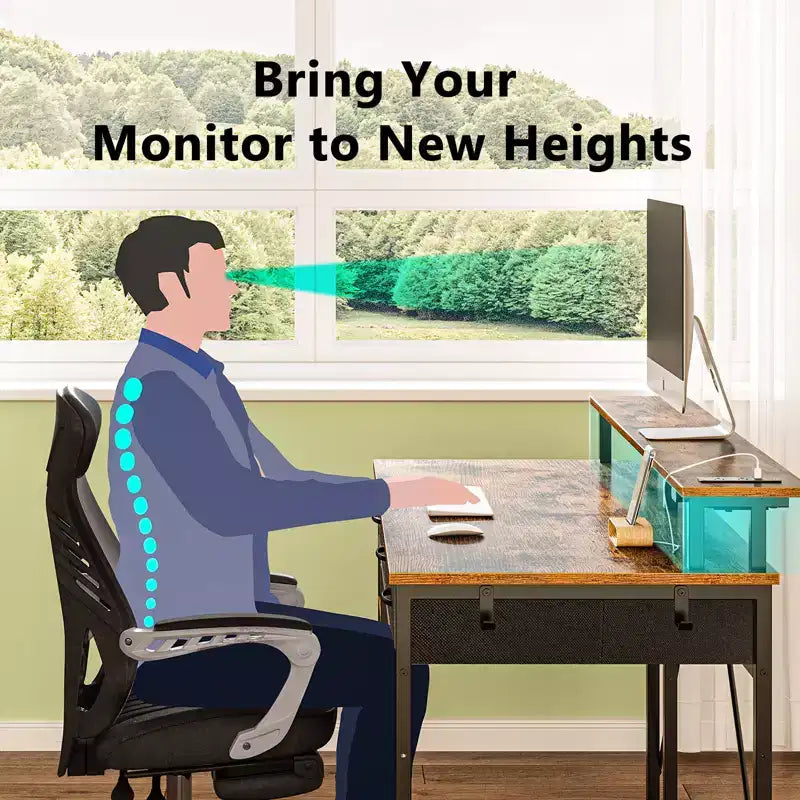 Scrivania da Computer con Porta Monitor, Illuminazione a LED, Presa di Corrente e Cassetti Multipli, 39/47/55"