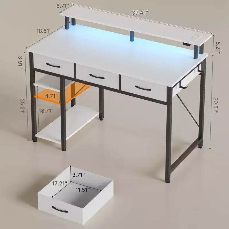 Scrivania da Computer con Porta Monitor, Illuminazione a LED, Presa di Corrente e Cassetti Multipli, 39/47/55"