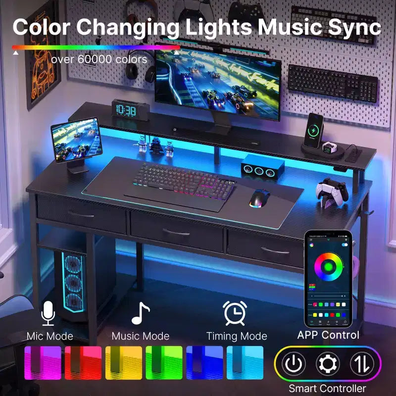 Scrivania da Computer con Porta Monitor, Illuminazione a LED, Presa di Corrente e Cassetti Multipli, 39/47/55"