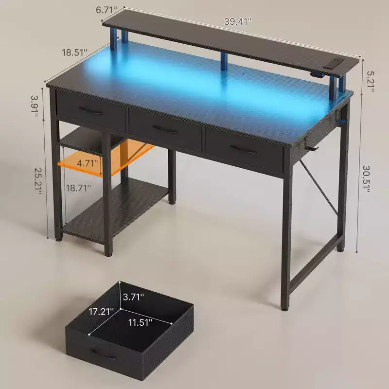 Scrivania da Computer con Porta Monitor, Illuminazione a LED, Presa di Corrente e Cassetti Multipli, 39/47/55"