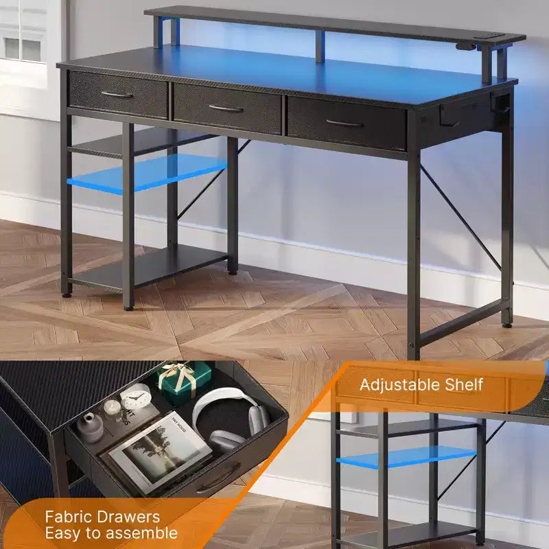 Scrivania da Computer con Porta Monitor, Illuminazione a LED, Presa di Corrente e Cassetti Multipli, 39/47/55"