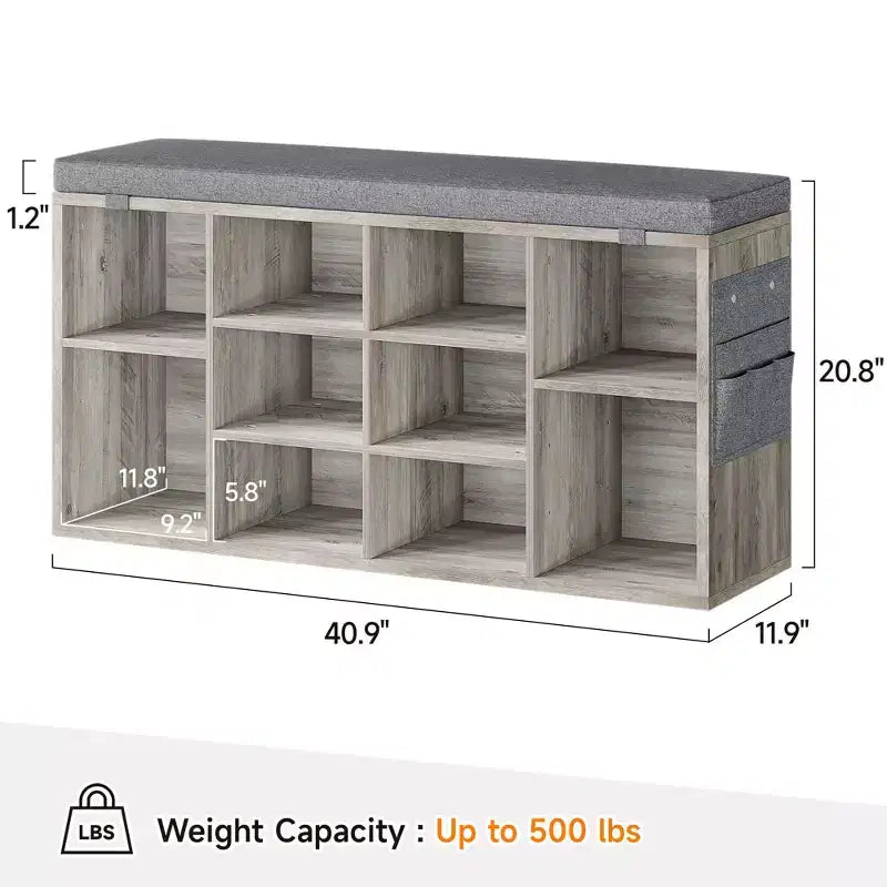 Panchina Scarpiera 2-in-1 per Ingresso con Contenitore e Sedile Imbottito, Scarpiera in Legno con Ripiani Regolabili e Tasche Laterali, Grigio