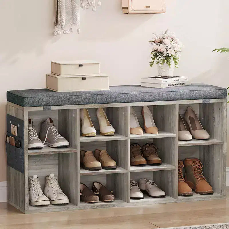 Panchina Scarpiera 2-in-1 per Ingresso con Contenitore e Sedile Imbottito, Scarpiera in Legno con Ripiani Regolabili e Tasche Laterali, Grigio