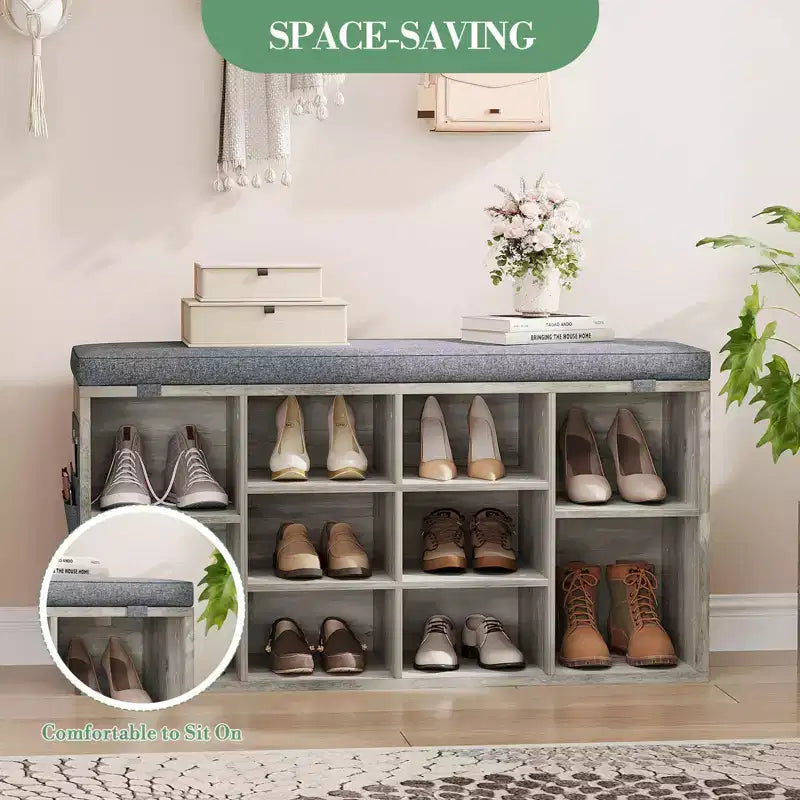 Panchina Scarpiera 2-in-1 per Ingresso con Contenitore e Sedile Imbottito, Scarpiera in Legno con Ripiani Regolabili e Tasche Laterali, Grigio