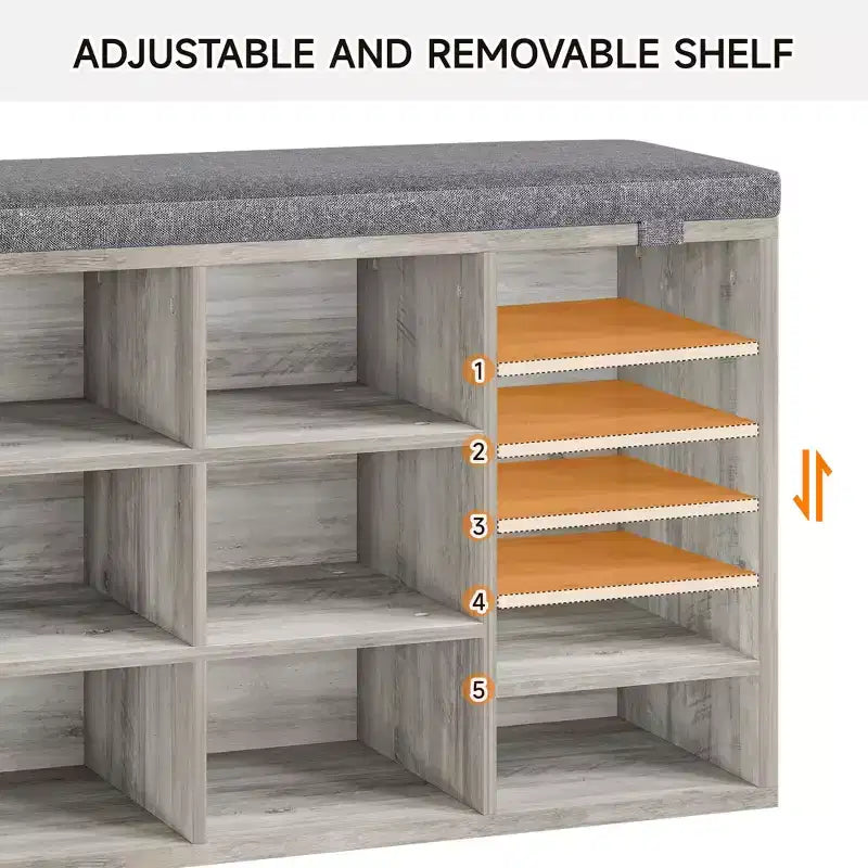 Panchina Scarpiera 2-in-1 per Ingresso con Contenitore e Sedile Imbottito, Scarpiera in Legno con Ripiani Regolabili e Tasche Laterali, Grigio