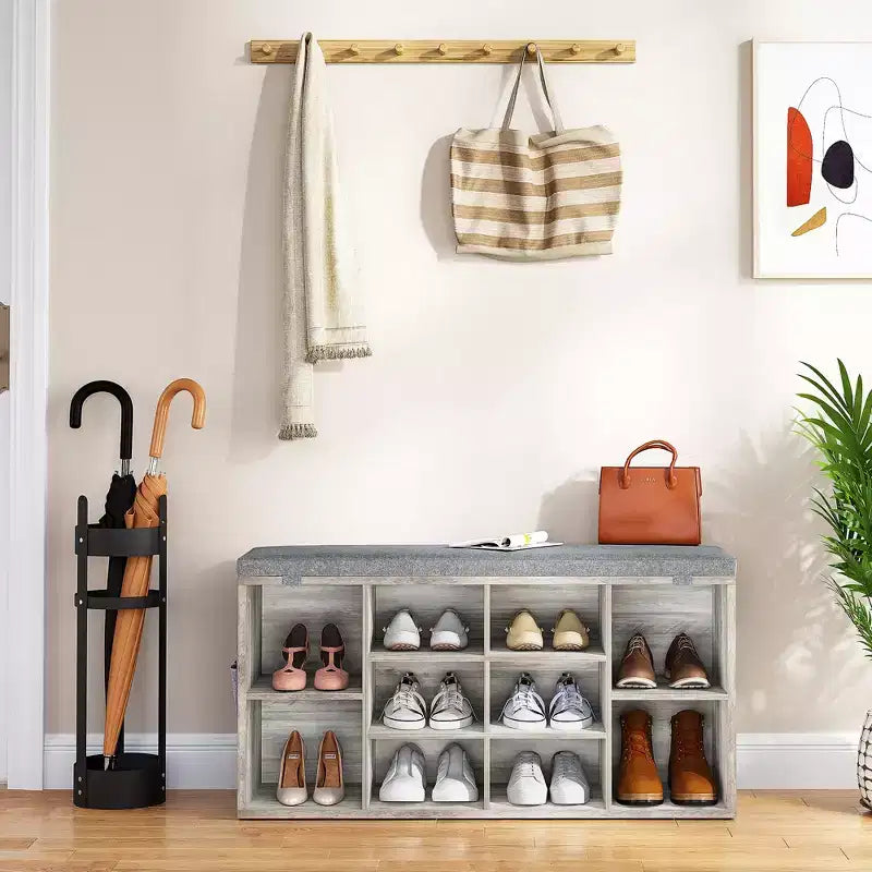 Panchina Scarpiera 2-in-1 per Ingresso con Contenitore e Sedile Imbottito, Scarpiera in Legno con Ripiani Regolabili e Tasche Laterali, Grigio