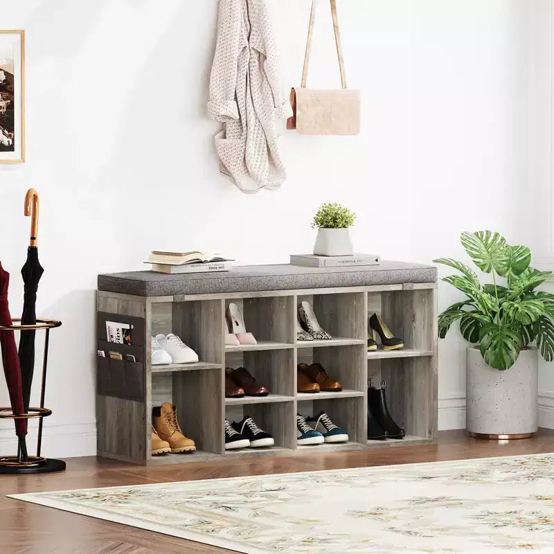 Panchina Scarpiera 2-in-1 per Ingresso con Contenitore e Sedile Imbottito, Scarpiera in Legno con Ripiani Regolabili e Tasche Laterali, Grigio