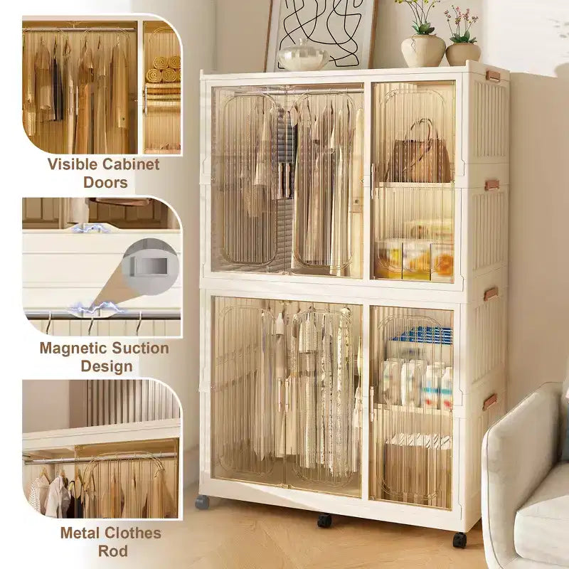 Armadio portatile con 6 ante magnetiche, 6 cubi e 2 aste appendiabiti, include 6 grucce, armadio per vestiti per bambini, bianco