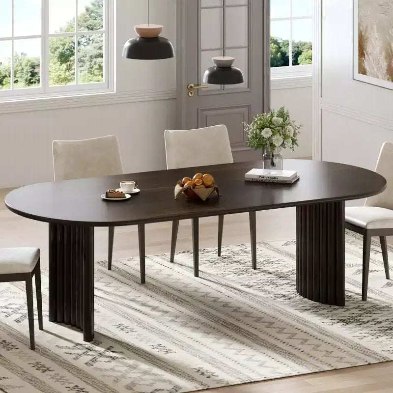 Tavolo da Pranzo Ovale da 79" per 6-8 persone, Piano con Bordo a Arco e Base a Strisce, Modern Farmhouse, Noce
