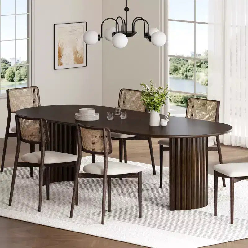 Tavolo da Pranzo Ovale da 79" per 6-8 persone, Piano con Bordo a Arco e Base a Strisce, Modern Farmhouse, Noce