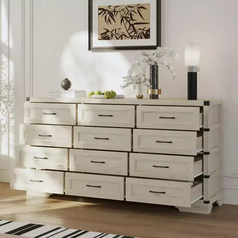 Cassettiera Vintage Industriale a 12 Cassetti con Angoli Metallici, Contenitore Multi-Spazio per Camera da Letto, Soggiorno, Ingresso