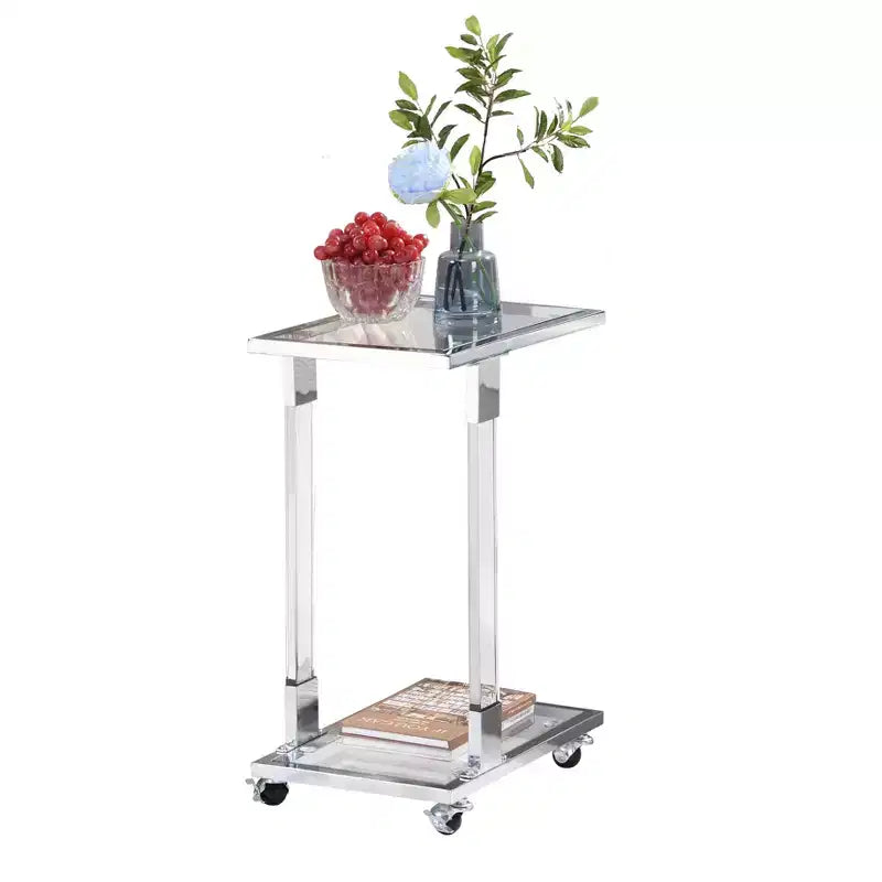 Tavolino Moderno in Vetro con Gambe in Acrilico, Tavolino a C con Base in Metallo Cromato per Soggiorno, Camera da Letto, Balcone